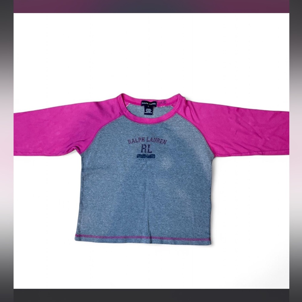 Ralph Lauren Girls' Heather Gray Top with Bright Pink Raglan Sleeves